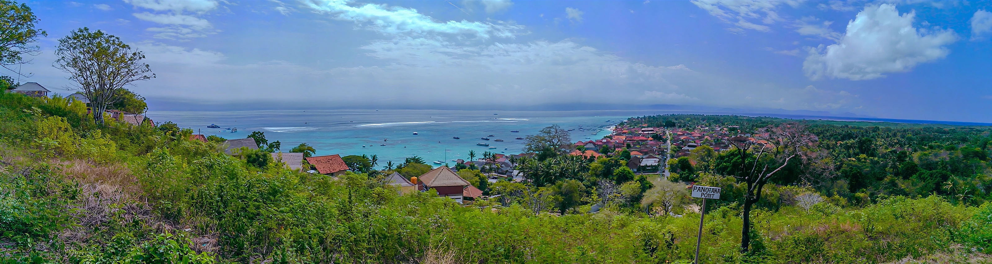 Elevated view over Nusa Lembongan's coastal village and bay from Panorama Point